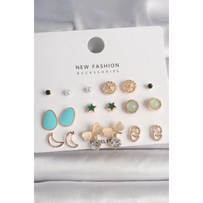 Pirinç Gold Renk Zirkon Taşlı Fiyonk Hilal Figür 9 Çift Kadın Küpe Seti - Lisinya