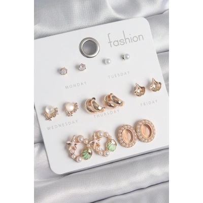 Pirinç Gold Renk Zirkon Taşlı Halka Deniz Yıldızı Figür İnci Detay 7 Çift Kadın Küpe Seti