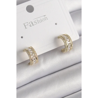 Pirinç Gold Renk Zirkon Taşlı Halka Model Kadın Küpe