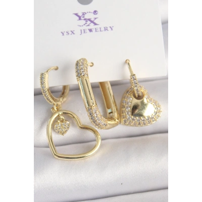Pirinç Gold Renk Zirkon Taşlı Sallantı Kalp Model 3Lü Kadın Kombin Küpe