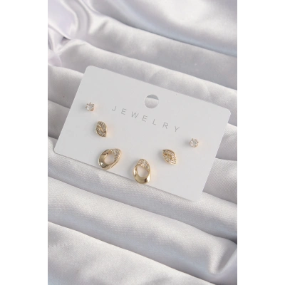 Pirinç Gold Renk Zirkon Taşlı Yaprak Model Küpe Seti