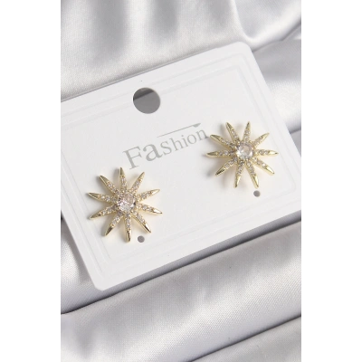 Pirinç Gold Renk Zirkon Taşlı Yıdız Model Kadın Küpe