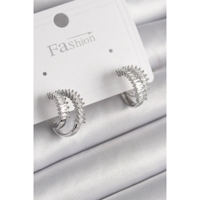 Pirinç Gümüş Renk 2Li Zirkon Taşlı Halka Model Kadın Küpe