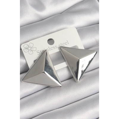 Pirinç Gümüş Renk 3D Üçgen Model Kadın Küpe