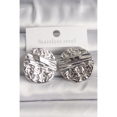 Pirinç Gümüş Renk İşlemeli Daire Plaka Model Kadın Küpe - Lisinya