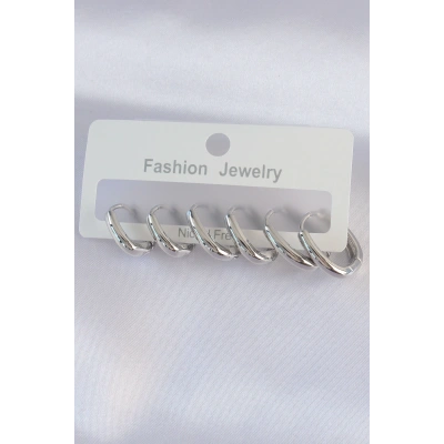 Pirinç Gümüş Renk Oval Küpe Seti