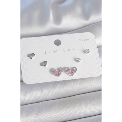 Pirinç Gümüş Renk Pembe Zirkon Taşlı Kalp Model 925 Ayar Gümüş Çivi Kadın Küpe Seti