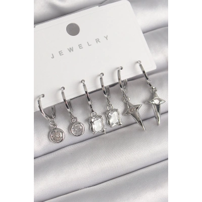 Pirinç Gümüş Renk Sallantı Kare Zirkon Taşlı Yıldız Model Kadın Küpe Seti