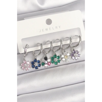 Pirinç Gümüş Renk Sallantı Renkli Zirkon Taşlı Çiçek Model Kadın Küpe Seti