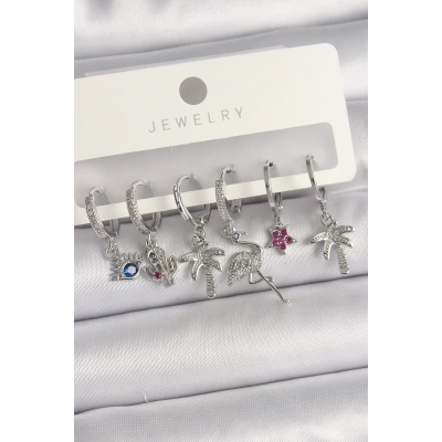Pirinç Gümüş Renk Sallantı Zirkon Taşlı Deve Kuşu Figür Çoklu Kadın Küpe Seti