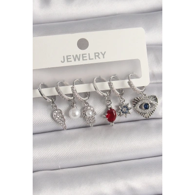 Pirinç Gümüş Renk Sallantı Zirkon Taşlı Fatma Ana El Figür Kadın Küpe Seti - Lisinya