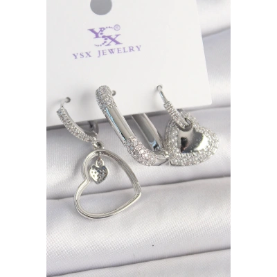 Pirinç Gümüş Renk Sallantı Zirkon Taşlı Kalp Model 3Lü Kadın Kombin Küpe
