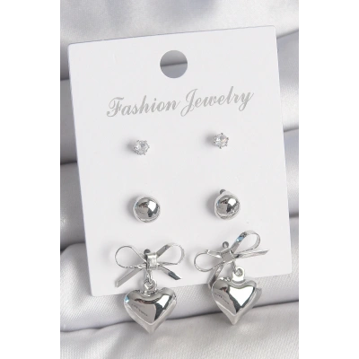 Pirinç Gümüş Renk Zirkon Taş Detaylı Fiyonk Sallantılı Kalp Model Kadın 3 Çift Kadın Küpe Seti