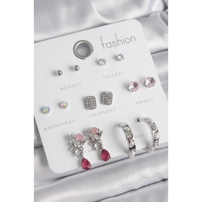 Pirinç Gümüş Renk Zirkon Taşlı Çiçek Figür İncili Halka Detay 7 Çift Kadın Küpe Seti