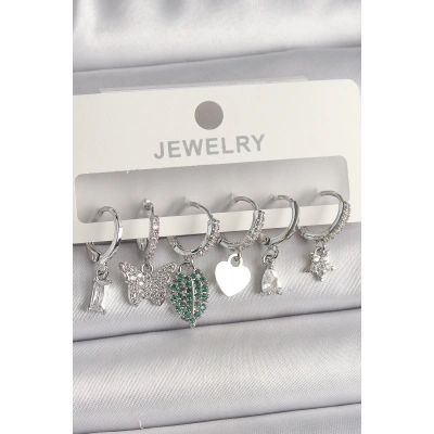 Pirinç Gümüş Renk Zirkon Taşlı Çoklu Figür Kadın Küpe Seti - Lisinya