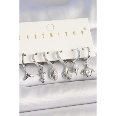 Pirinç Gümüş Renk Zirkon Taşlı Deniz Kabuğu Model Kaplumbağa Detay Kadın Küpe Kombin