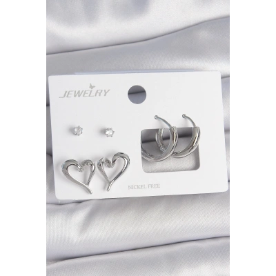 Pirinç Gümüş Renk Zirkon Taşlı Halka Model Kalp Detay 3 Çift Kadın Küpe Seti