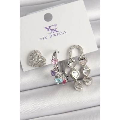 Pirinç Gümüş Renk Zirkon Taşlı Kalp Figür Renkli Taş Detay 3Lü Kadın Kombin Küpe