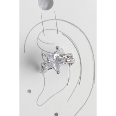 Pirinç Gümüş Renk Zirkon Taşlı Yıldız Model Kadın Kıkırdak Küpe