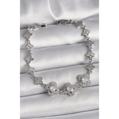 Pirinç Gümüş Renk Zirkon Taşlı Yonca Model Kadın Bileklik - Lisinya