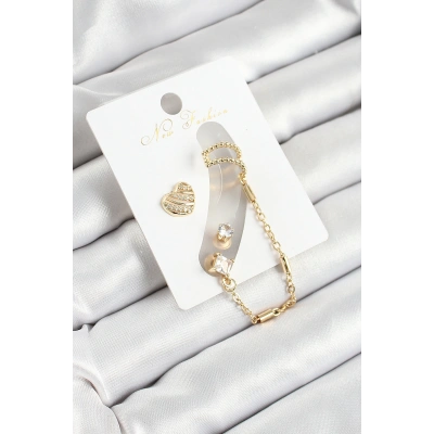 Pirinç Kalp Figürlü Zirkon Taşlı Gold Renk 3lü Kıkırdak Kadın Küpe Set