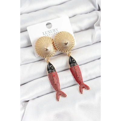 Pirinç Sallantılı Zirkon Taşlı Kırmızı Siyah Balık Model Gold Renk Kadın Küpe