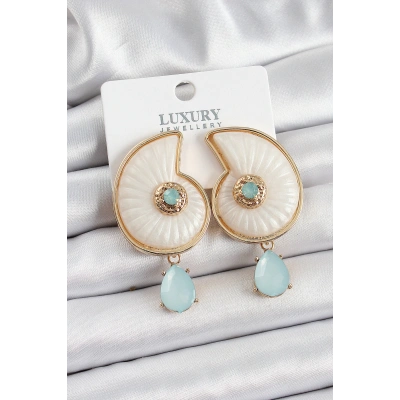 Pirinç Sedef Deniz Kabuğu Figürlü Zirkon Taşlı Gold Renk Kadın Küpe