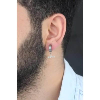 Silver Renk Kaplama Göktürkçe Yazı Figürlü Çelik Kıstırmalı Erkek Küpe - Lisinya