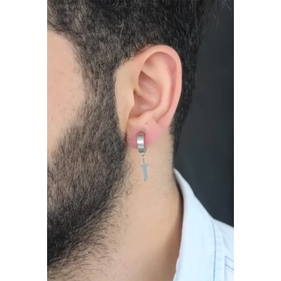 Silver Renk Kaplama Kılıç Figürlü Çelik Kıstırmalı Erkek Küpe - Lisinya