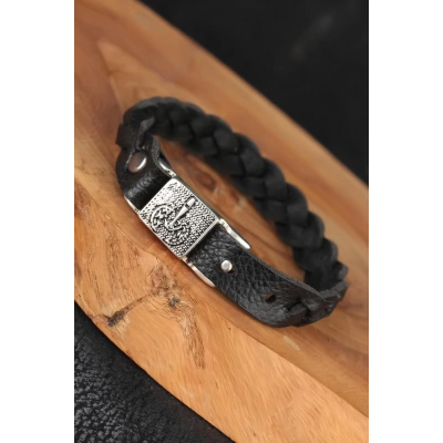 Siyah Örgü Model Deri Erkek Bileklik