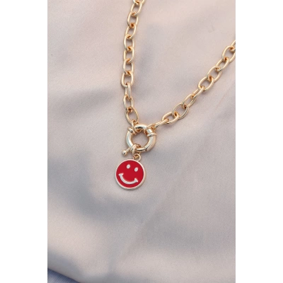Yeni Sezon Kırmızı Renk Smile Model Retro Gold Metal Kolye - Lisinya