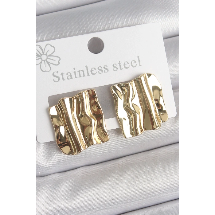 316 Çelik Gold Renk Dalgalı Plaka Model Kadın Küpe