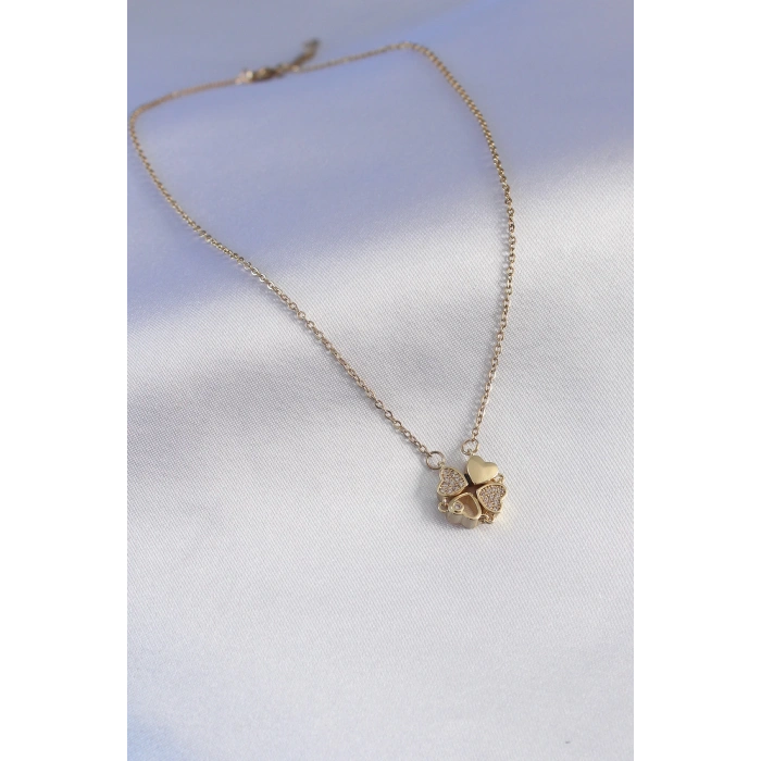 316L Çelik Gold Renk Açılır Yonca Model Zirkon Taşlı Kadın Kolye - Lisinya