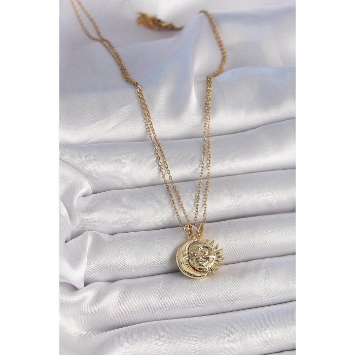 316L Çelik Gold Renk Ay Güneş Model Arkadaşlık Kadın Kolye - Lisinya