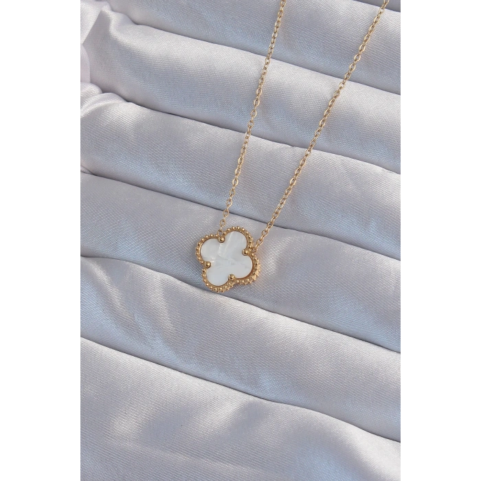 316L Çelik Gold Renk Beyaz Sedefli Yonca Kolye