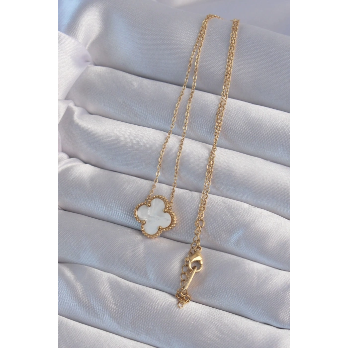 316L Çelik Gold Renk Beyaz Sedefli Yonca Kolye