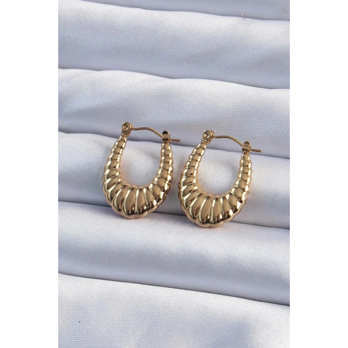 316L Çelik Gold Renk Bombeli Baklava Kesim Kadın Küpe