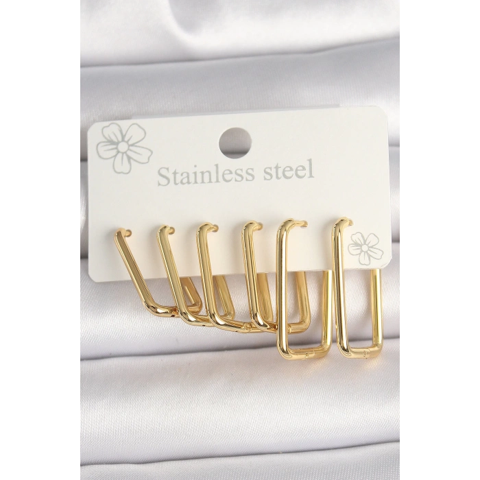 316L Çelik Gold Renk Dikdörtgen Model Kadın Küpe Seti