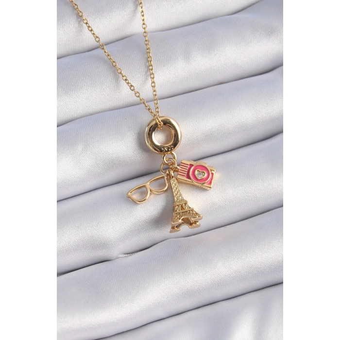 316L Çelik Gold Renk Eyfel Kulesi Fotoğraf Makinesi Figür Charm Model Kadın Kolye - Lisinya