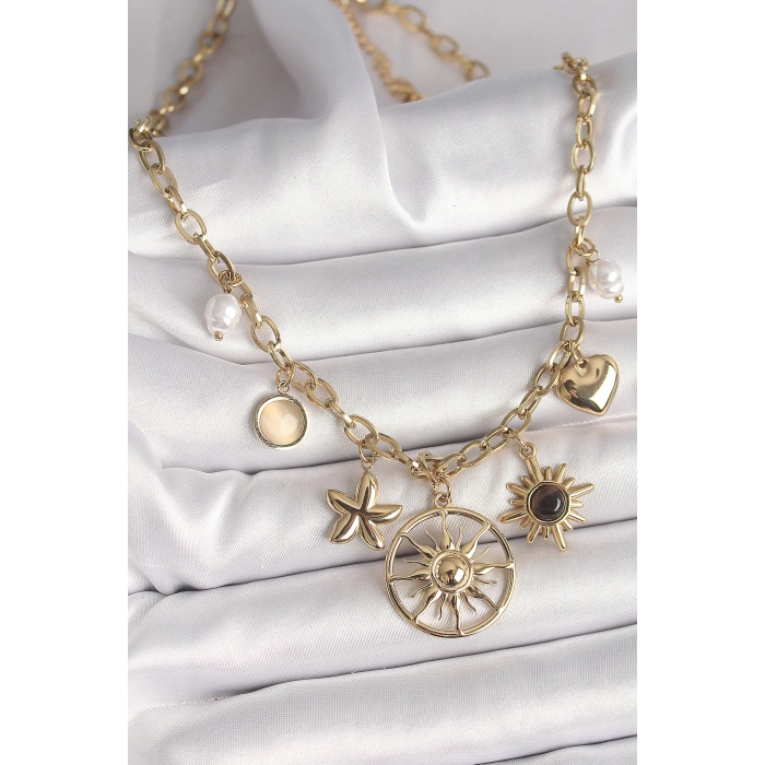 316L Çelik Gold Renk Güneş Model Siyah Mineli Güneş Detay Kadın Kolye - Lisinya