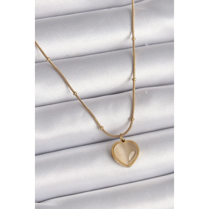 316L Çelik Gold Renk Kedi Gözü Sedefli Kalp Model Kadın Kolye - Lisinya