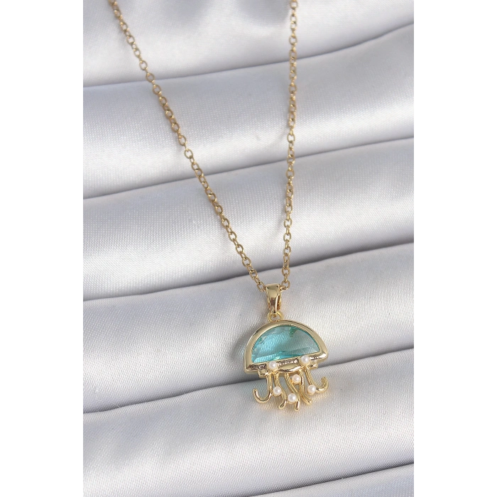 316L Çelik Gold Renk Mavi Taşlı Deniz Anası Model İnci Detay Kadın Kolye - Lisinya
