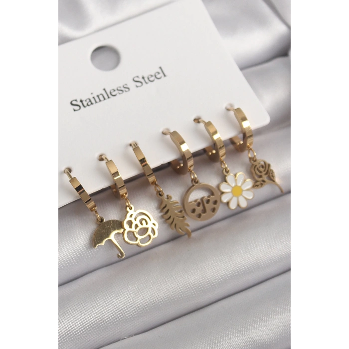 316L Çelik Gold Renk Sallantı Çiçek Model Kadın Küpe Seti