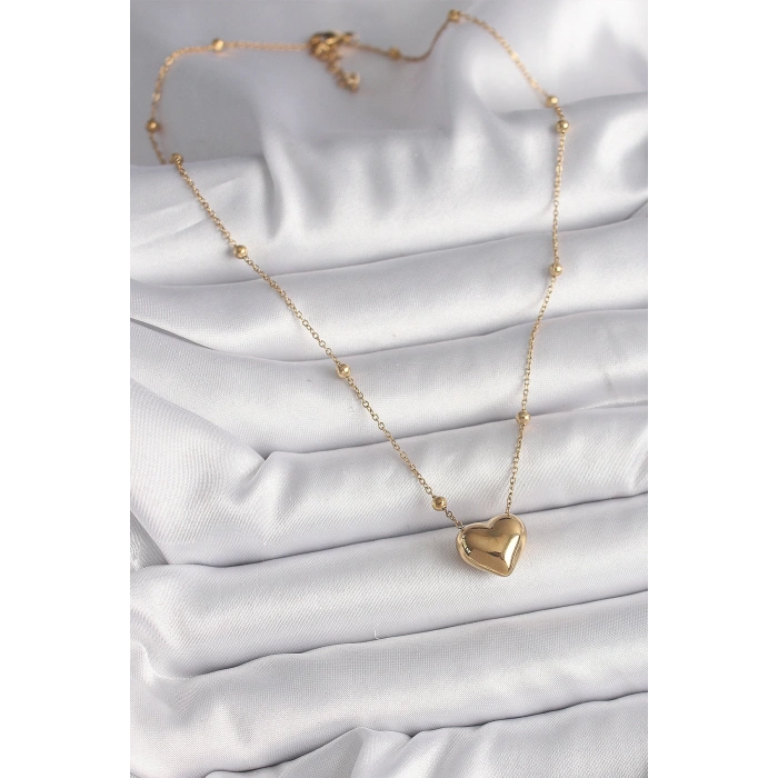 316L Çelik Gold Renk Topçuk Detaylı Zincir Kalp Model Kadın Kolye - Lisinya