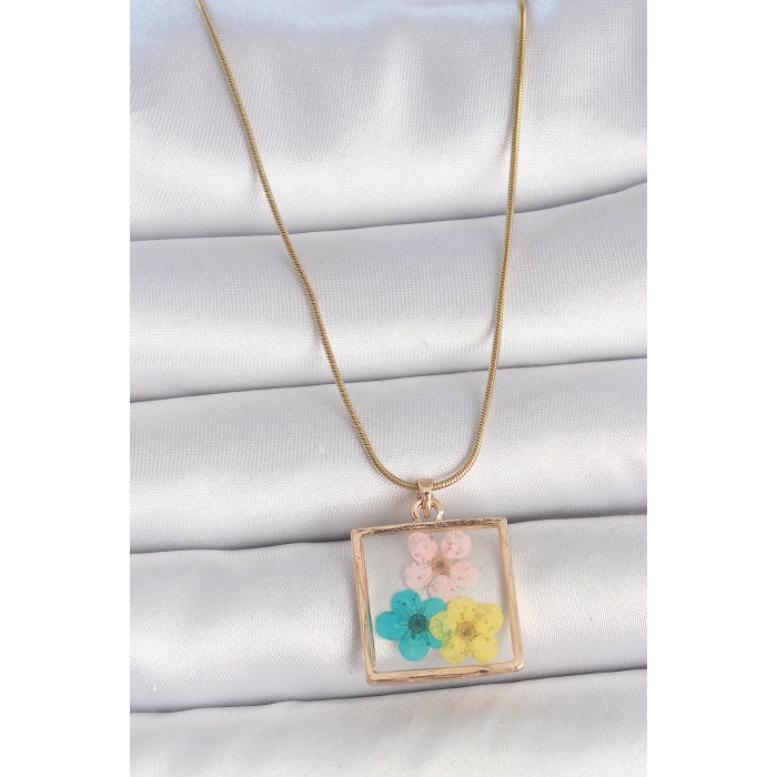 316L Çelik Gold Renk Zincir Kare Epoksi Renkli Çiçek Model Kadın Kolye - Lisinya