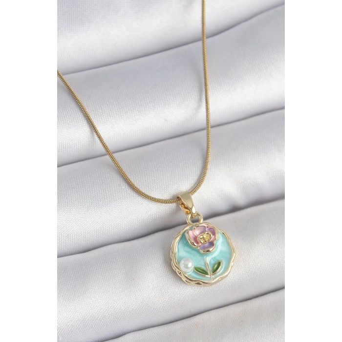 316L Çelik Gold Renk Zincir Mavi Minimal Çiçek İşlemeli İnci Detay Portre Model Kadın Kolye - Lisinya
