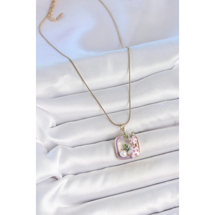 316L Çelik Gold Renk Zincir Mor Mineli Kare Model Çiçek İşlemeli İnci Detay Kadın Kolye - Lisinya