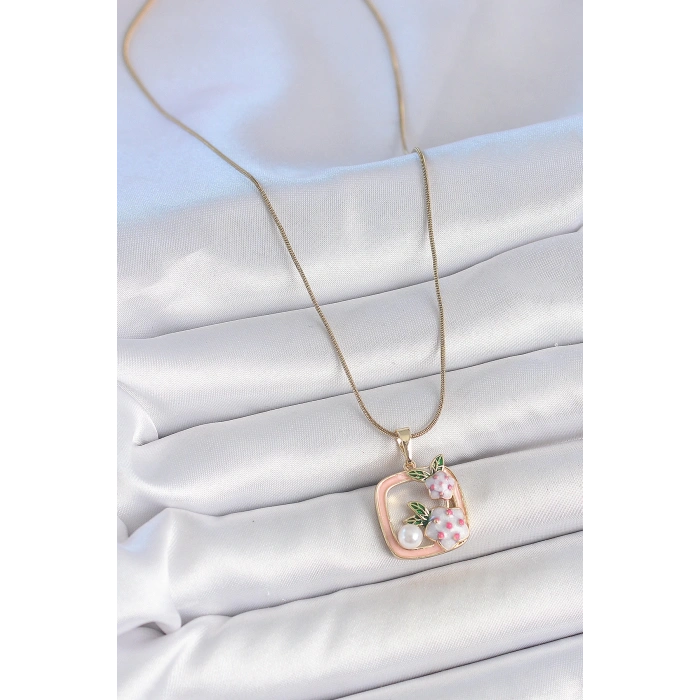 316L Çelik Gold Renk Zincir Pembe Mineli Kare Model Çiçek İşlemeli İnci Detay Kadın Kolye - Lisinya