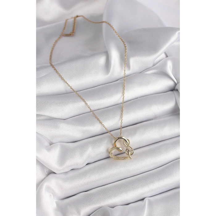 316L Çelik Gold Renk Zincir Zirkon Taş Detaylı Kalp Model Sonsuzluk Detay Kadın Kolye - Lisinya