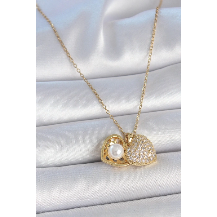 316L Çelik Gold Renk Zincir Zirkon Taşlı Açılır İncili Kalp Model Kadın Kolye - Lisinya